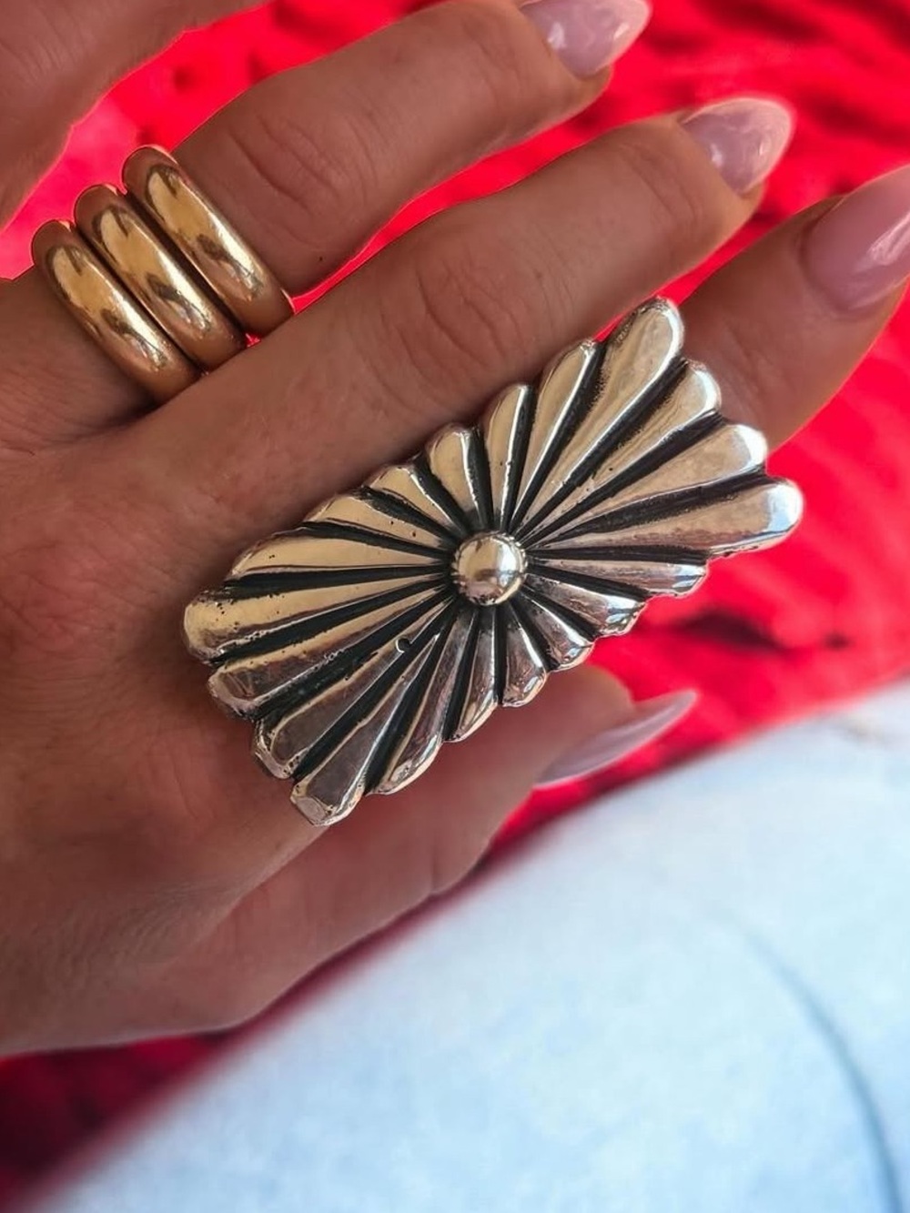 Navajo Ryan Chee Rectangle Sterling Silver Adjustable Statement Ring